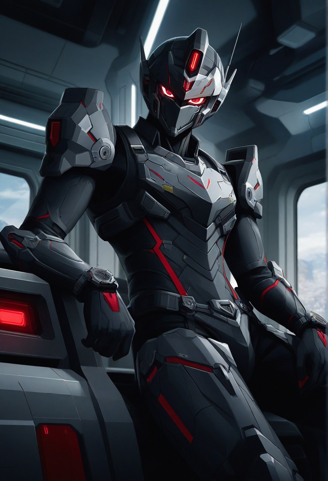 An anime-style illustration featuring a male character,  'Mecha Man,  ' sitting and looking directly at the viewer with a...