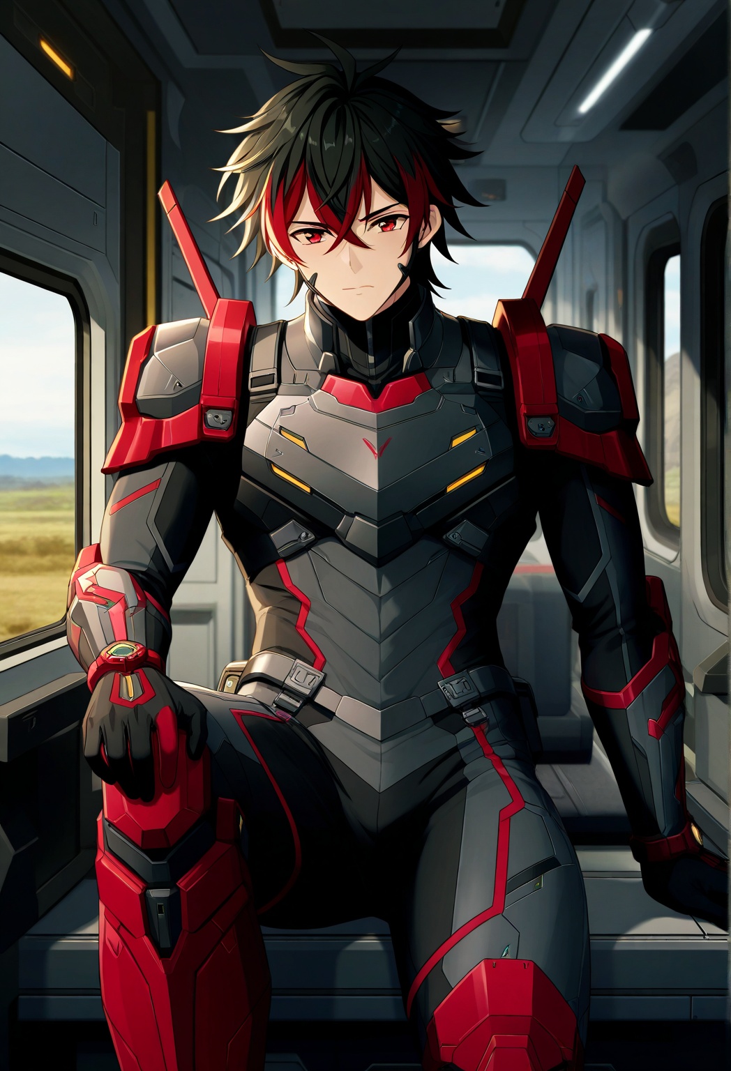 An anime-style illustration featuring a male character,  'Mecha Man,  ' sitting and looking directly at the viewer with a...
