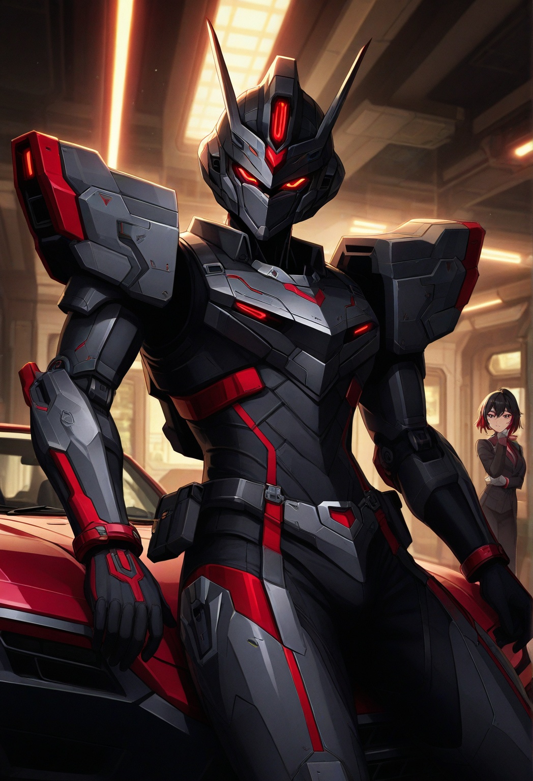 An anime-style illustration featuring a male character,  'Mecha Man,  ' sitting and looking directly at the viewer with a...