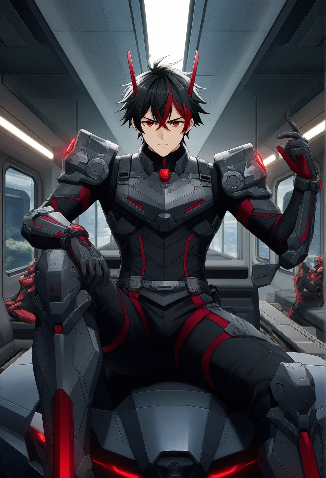 An anime-style illustration featuring a male character,  'Mecha Man,  ' sitting and looking directly at the viewer with a...