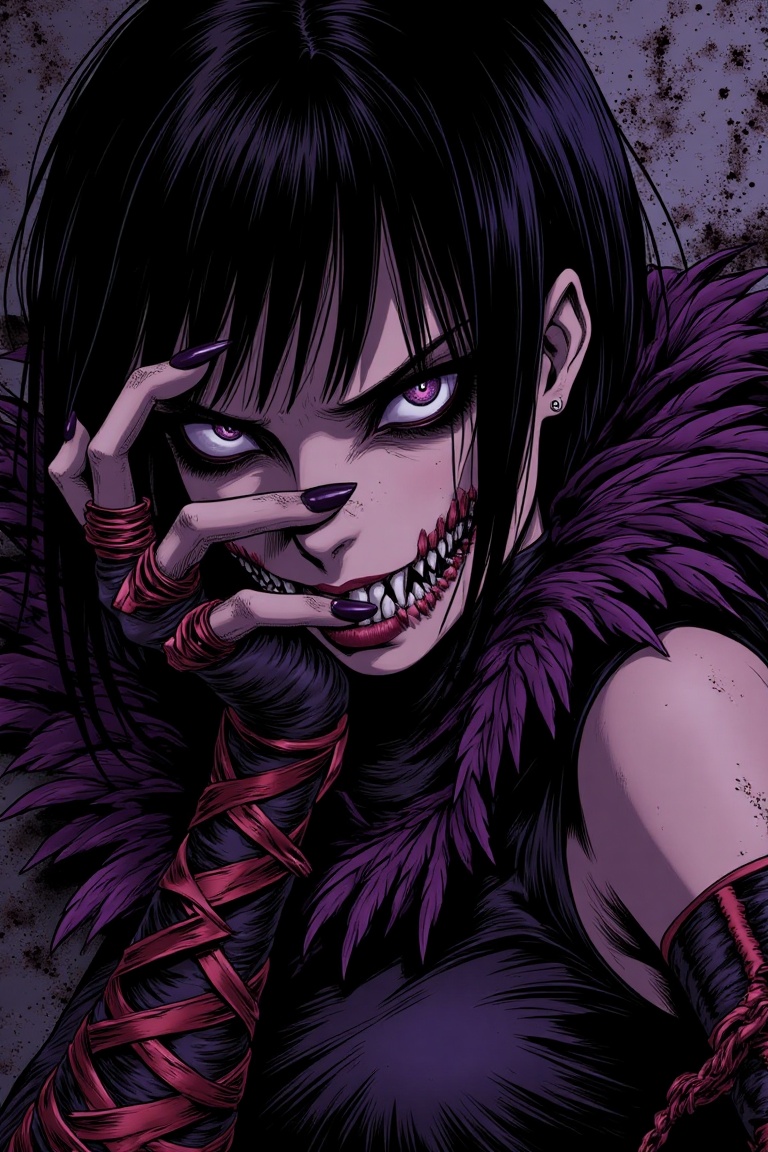 Colorized horror manga line-art,  close-up of a goth raven woman,  dark and haunting atmosphere. Intricate black-and-white...