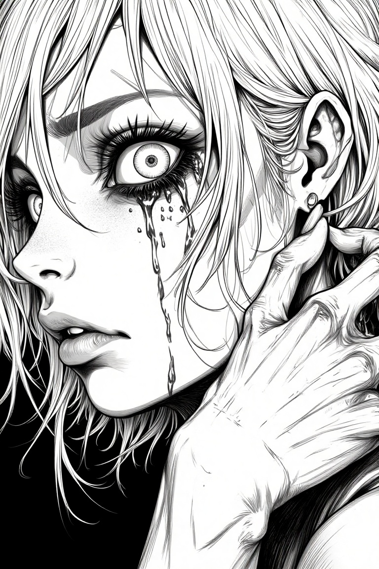 Close-up face of a woman in horror manga line-art,  crying,  dark and emotional atmosphere. Intricate black-and-white line...