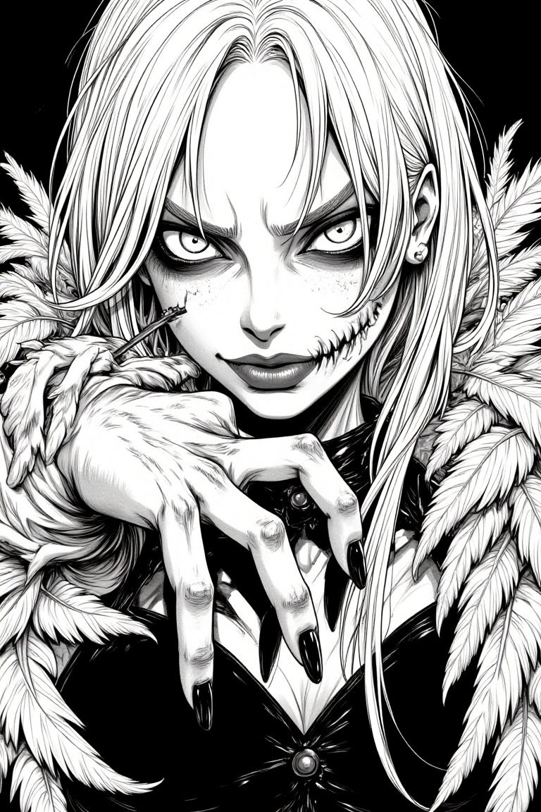 Close-up shot of a horror manga line-art goth raven woman,  intricate black-and-white line work,  dark and eerie atmospher...