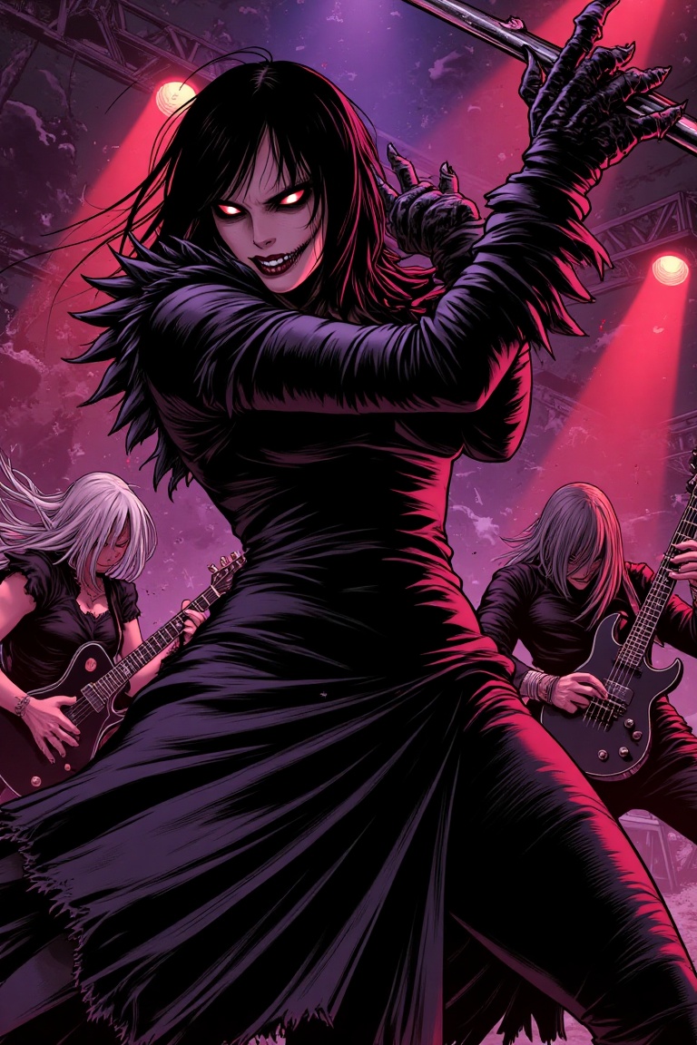 Colorized horror manga line-art,  a gothic band on stage performing,  dark and dramatic atmosphere. Intricate black-and-wh...
