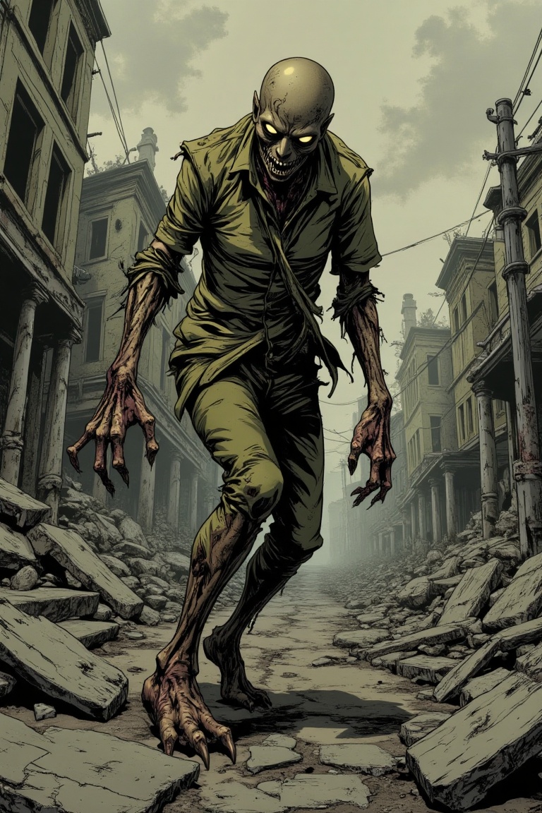Colorized horror manga line-art,  a zombie walking through a gloomy,  desolate city on Tensor.Art