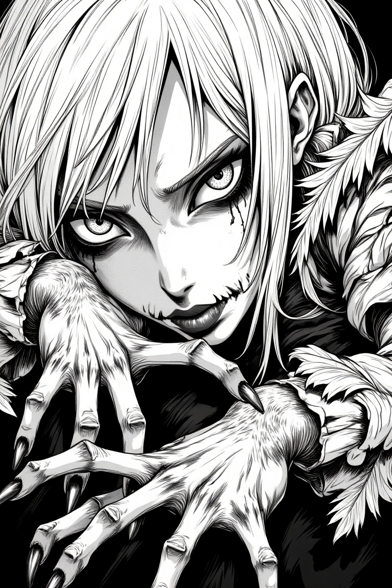 Close-up shot of a horror manga line-art goth raven woman,  intricate black-and-white line work,  dark and eerie atmospher...