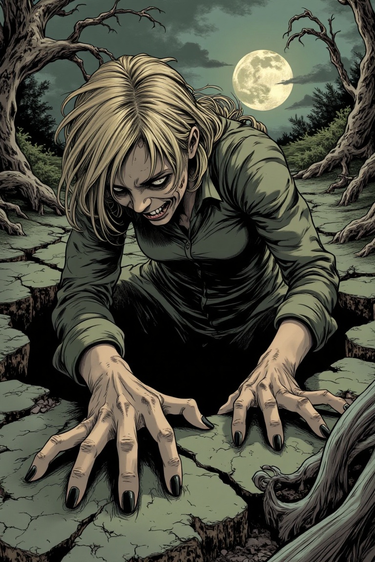 Colorized horror manga line-art,  a woman climbing out from the ground,  dark and eerie atmosphere. Intricate black-and-wh...
