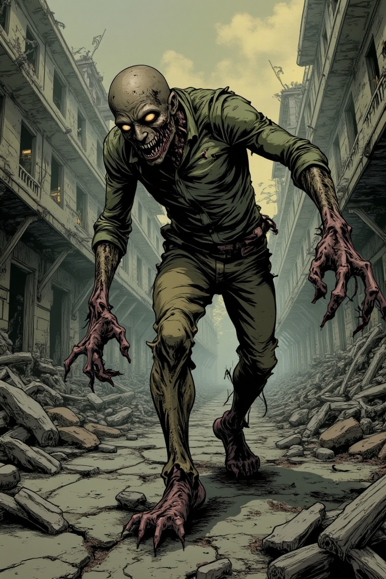 Colorized horror manga line-art,  a zombie walking through a gloomy,  desolate city on Tensor.Art
