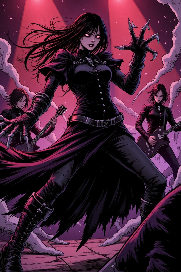 Colorized horror manga line-art,  a gothic band on stage performing,  dark and dramatic atmosphere. Intricate black-and-wh...