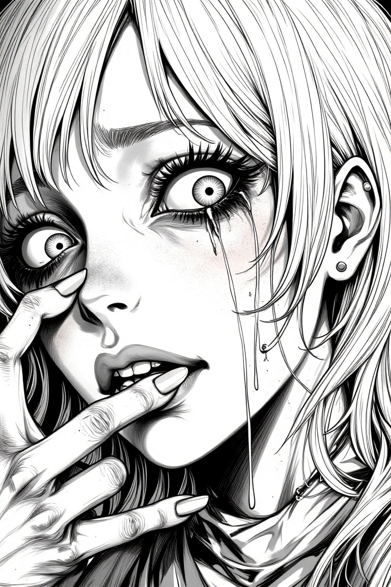 Close-up face of a woman in horror manga line-art,  crying,  dark and emotional atmosphere. Intricate black-and-white line...
