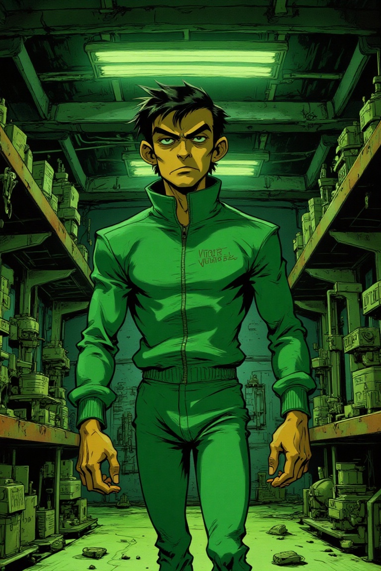 Exaggerated Art By Ralph Bakshi,  a man in a bright green tracksuit,  styled as a character from Squid Game on Tensor.Art
