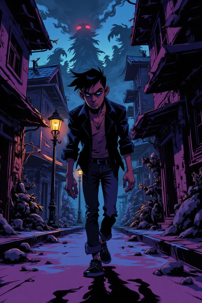 Exaggerated Art By Ralph Bakshi,  a Malay man walking on a desolate road through a horror city. His features are exaggerat...