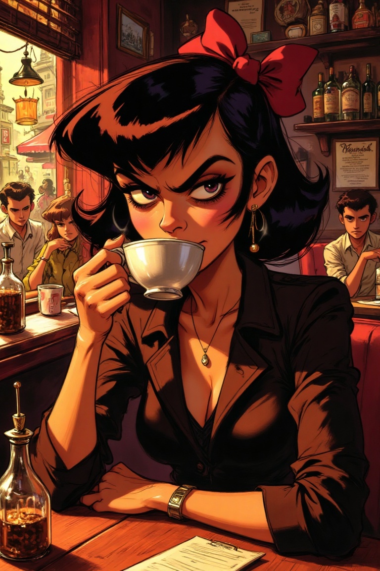 Exaggerated Art By Ralph Bakshi,  a woman sitting in a cozy cafe,  sipping coffee from a steaming cup on Tensor.Art