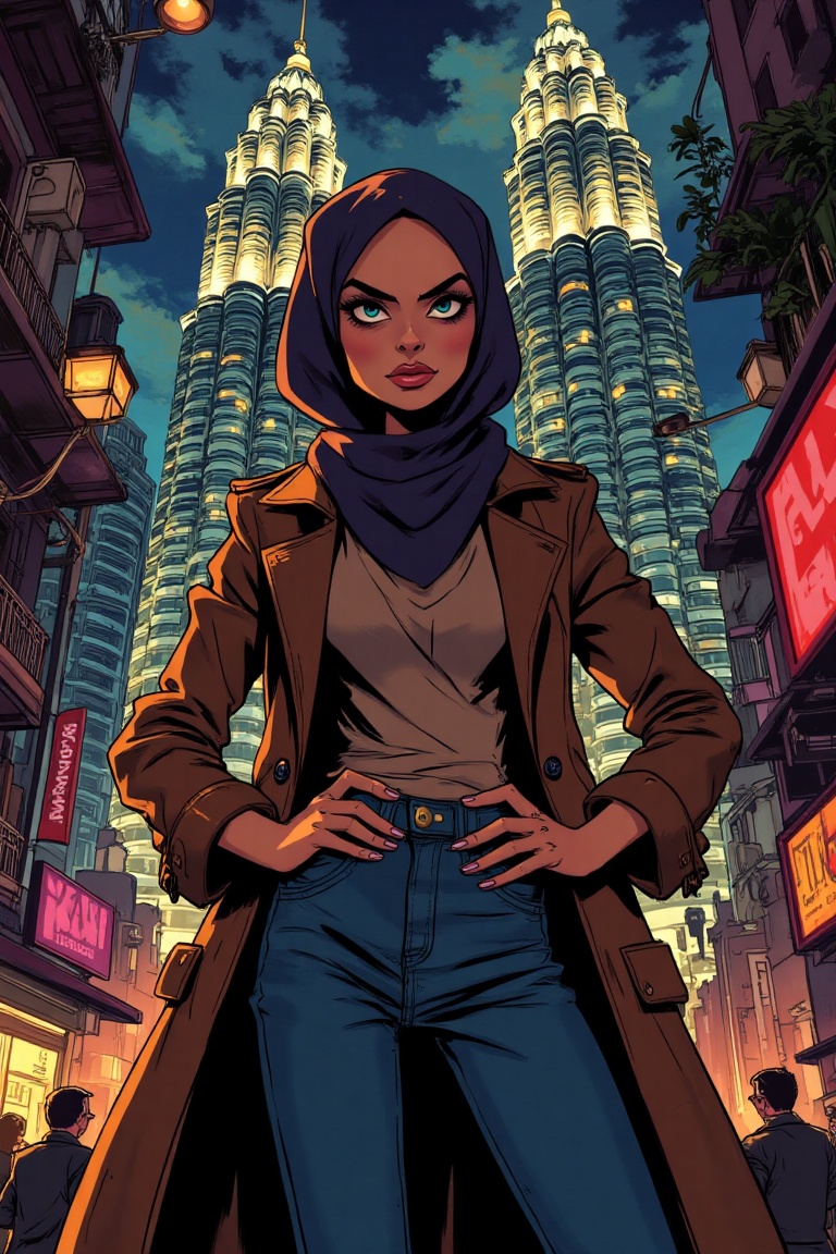 Exaggerated Art By Ralph Bakshi,  a Malay woman in a stylish hijab,  wearing a sleek trench coat and long denims on Tensor...