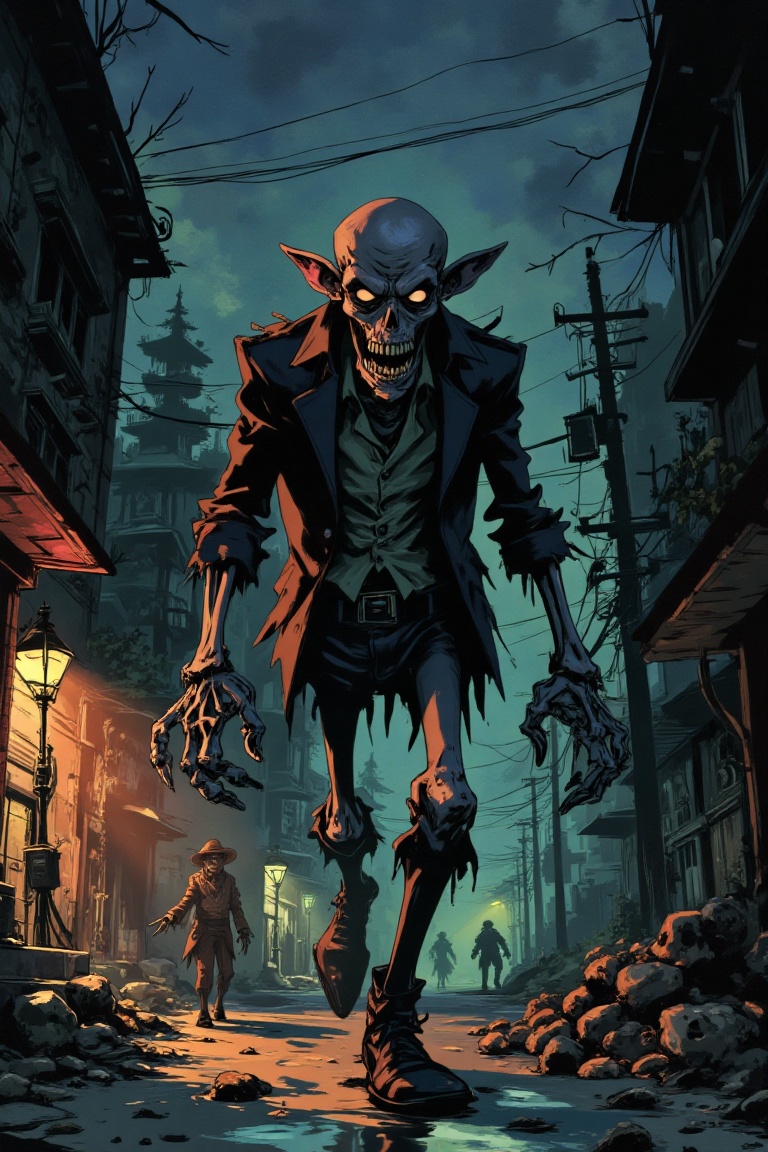 Exaggerated Art By Ralph Bakshi,  a grotesque,  exaggerated corpse walking through a dark on Tensor.Art