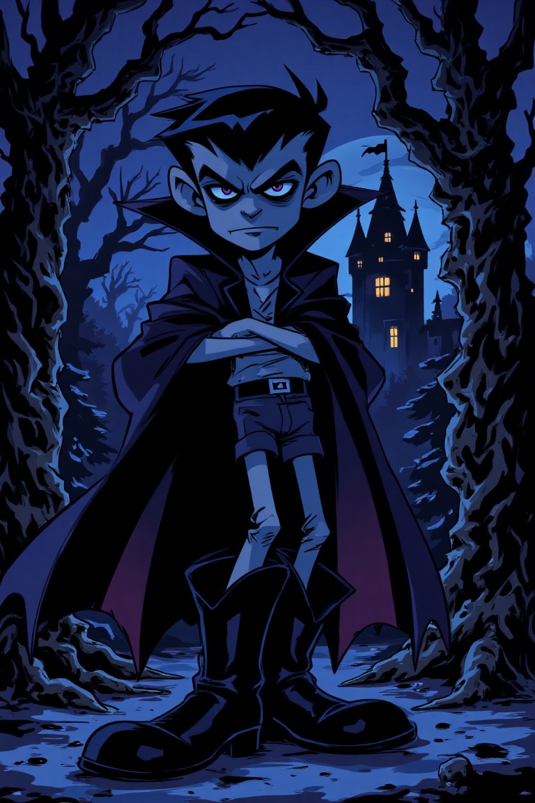 Exaggerated Art By Ralph Bakshi,  a boy dressed as Dracula,  wearing oversized on Tensor.Art