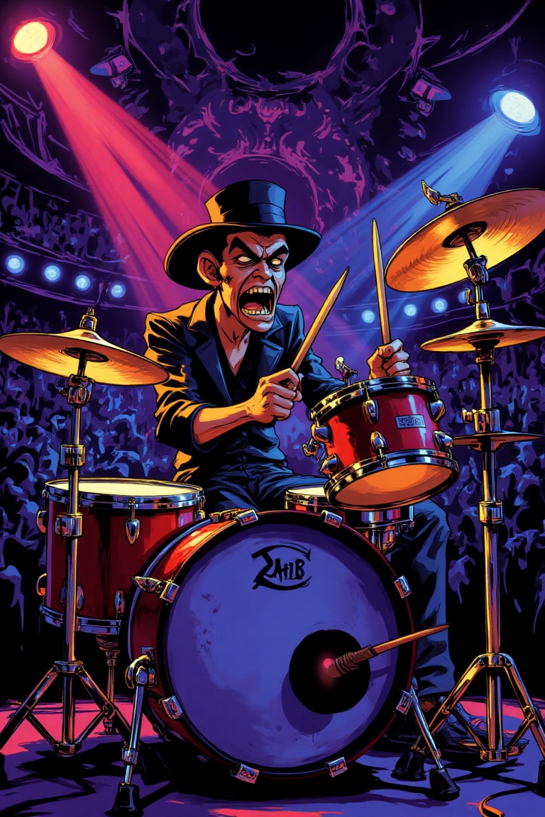Exaggerated Art By Ralph Bakshi,  a drummer in action on stage,  passionately playing a drum set with exaggerated on Tenso...
