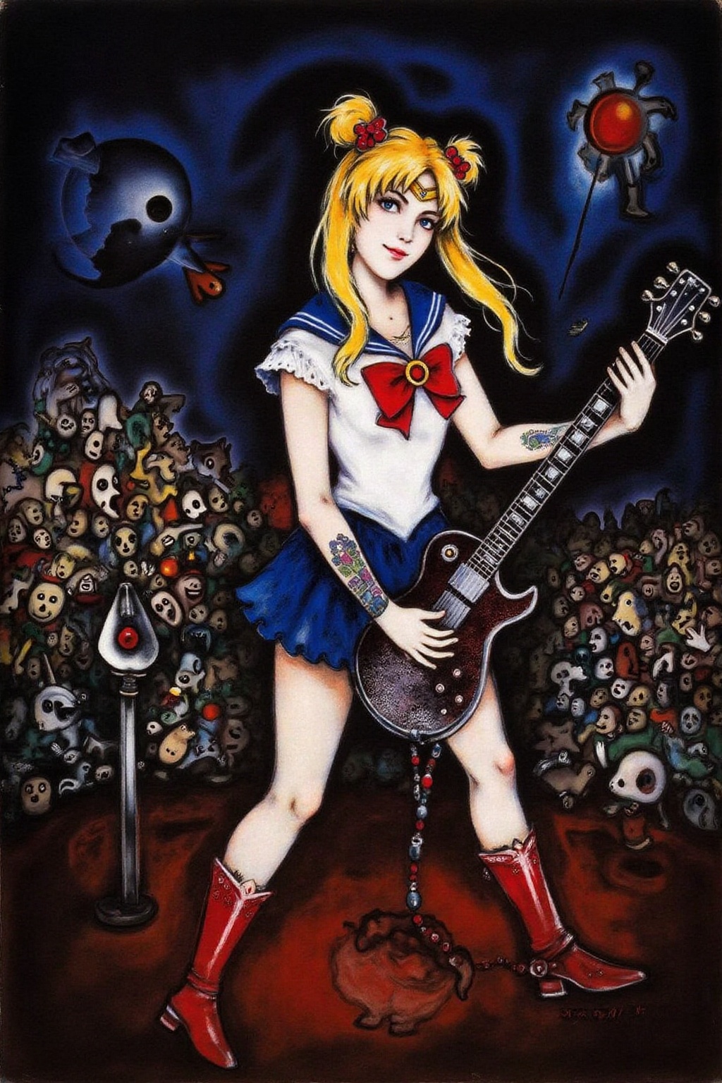 marcha9 painting punk sailor moon playing a guitar at a heavy metal mosh pit,  tattoos,  pearcing. on Tensor.Art