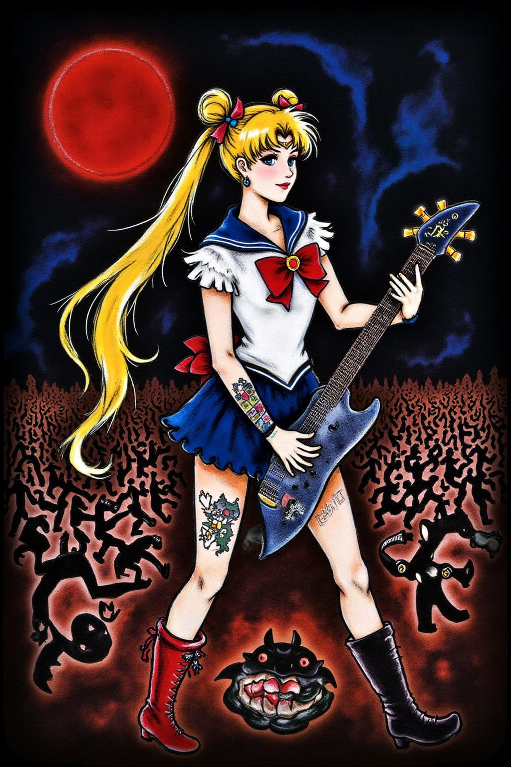 marcha9 illustration punk sailor moon playing a guitar at a heavy metal mosh pit,  tattoos,  pearcing. on Tensor.Art