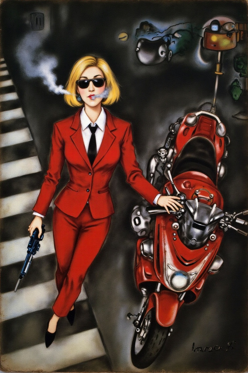 marcha9 painting Overhead shot of an Blonde woman walking away from a futuristic motorcycle parked at a zebra crossing. Th...