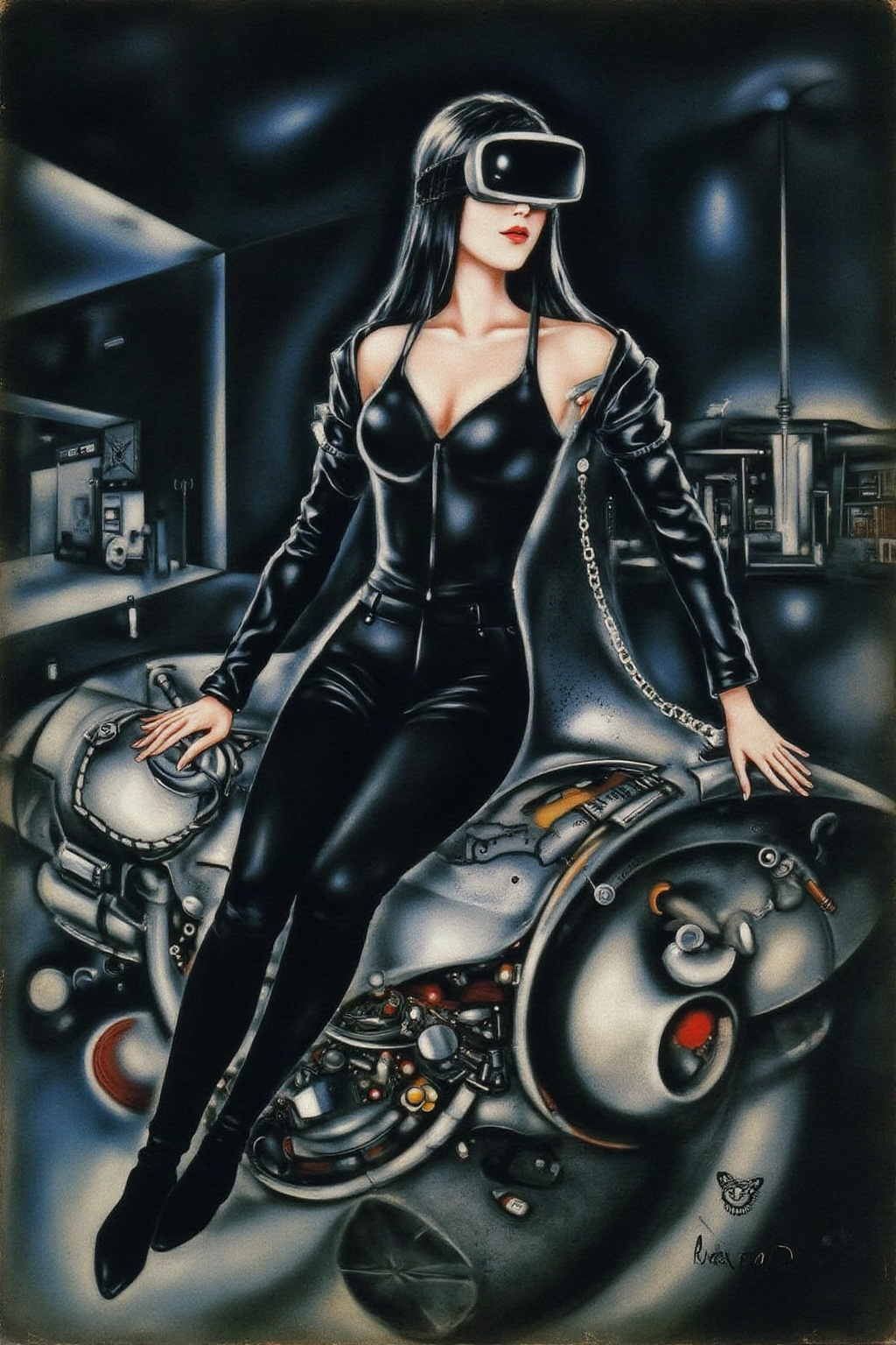 marcha9 painting a striking,  futuristic scene depicts a woman dressed in sleek,  form-fitting leather attire on Tensor.Art