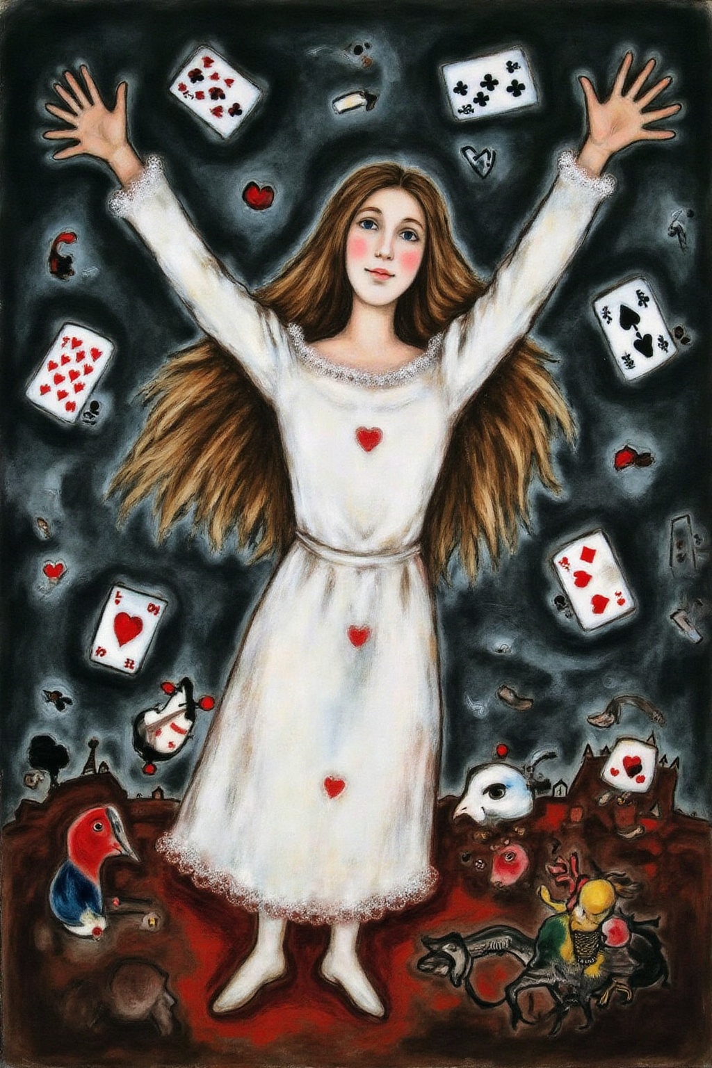 marcha9 painting A scene from "Alice's Adventures in Wonderland." The central figure is a young girl,  Alice,  with long o...