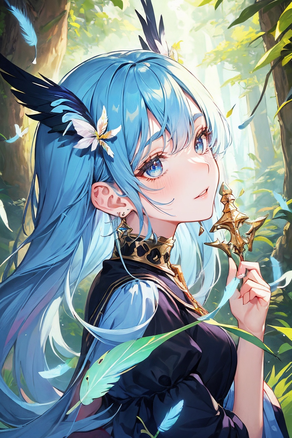 Creating an otherworldly and captivating portrait,  the subject is a forest guardian wearing a blue and black gradient dre...