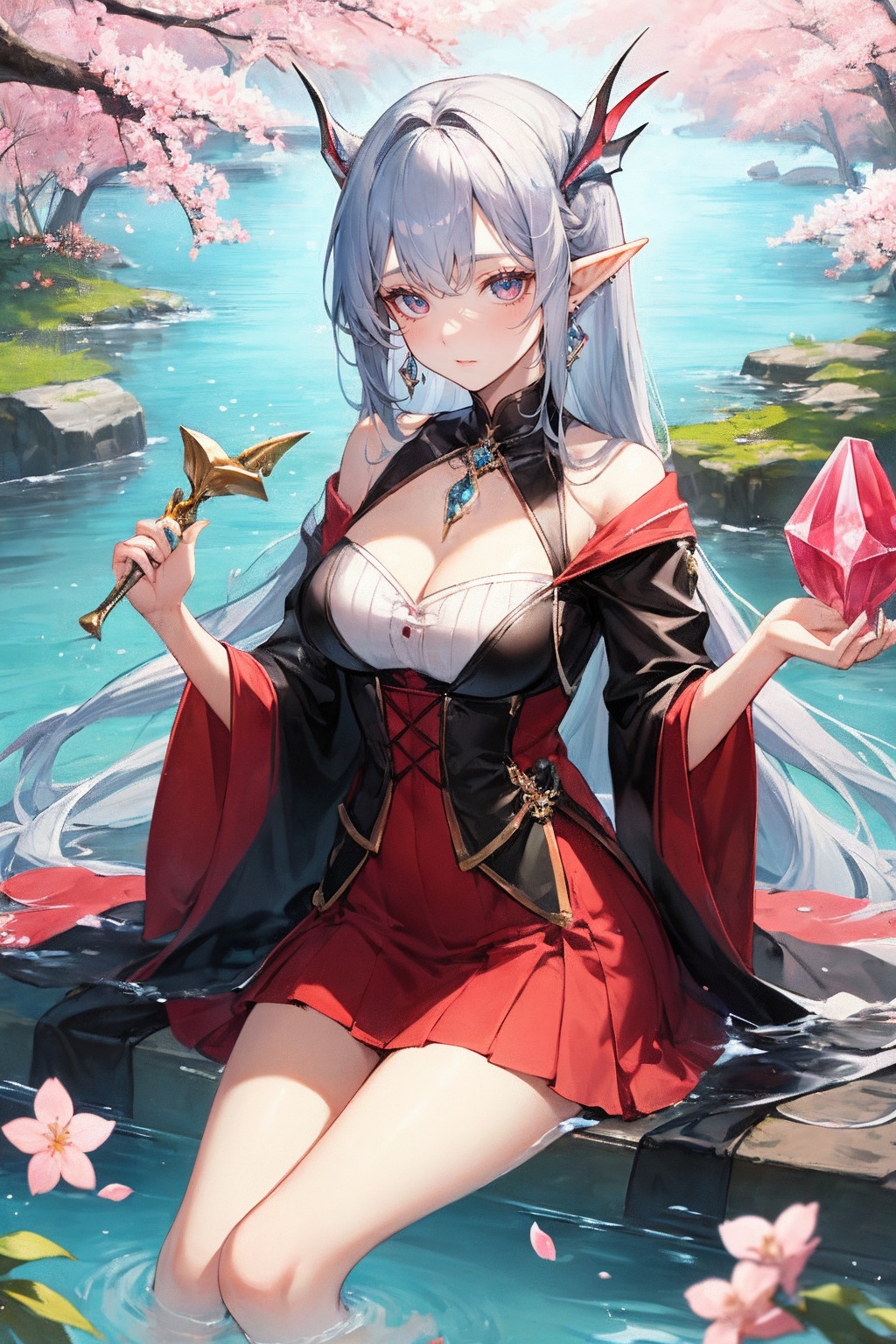 She is an alpine elf wearing a silver-grey and cherry blossom red spotted dress. The skirt is as gentle and elegant as a s...