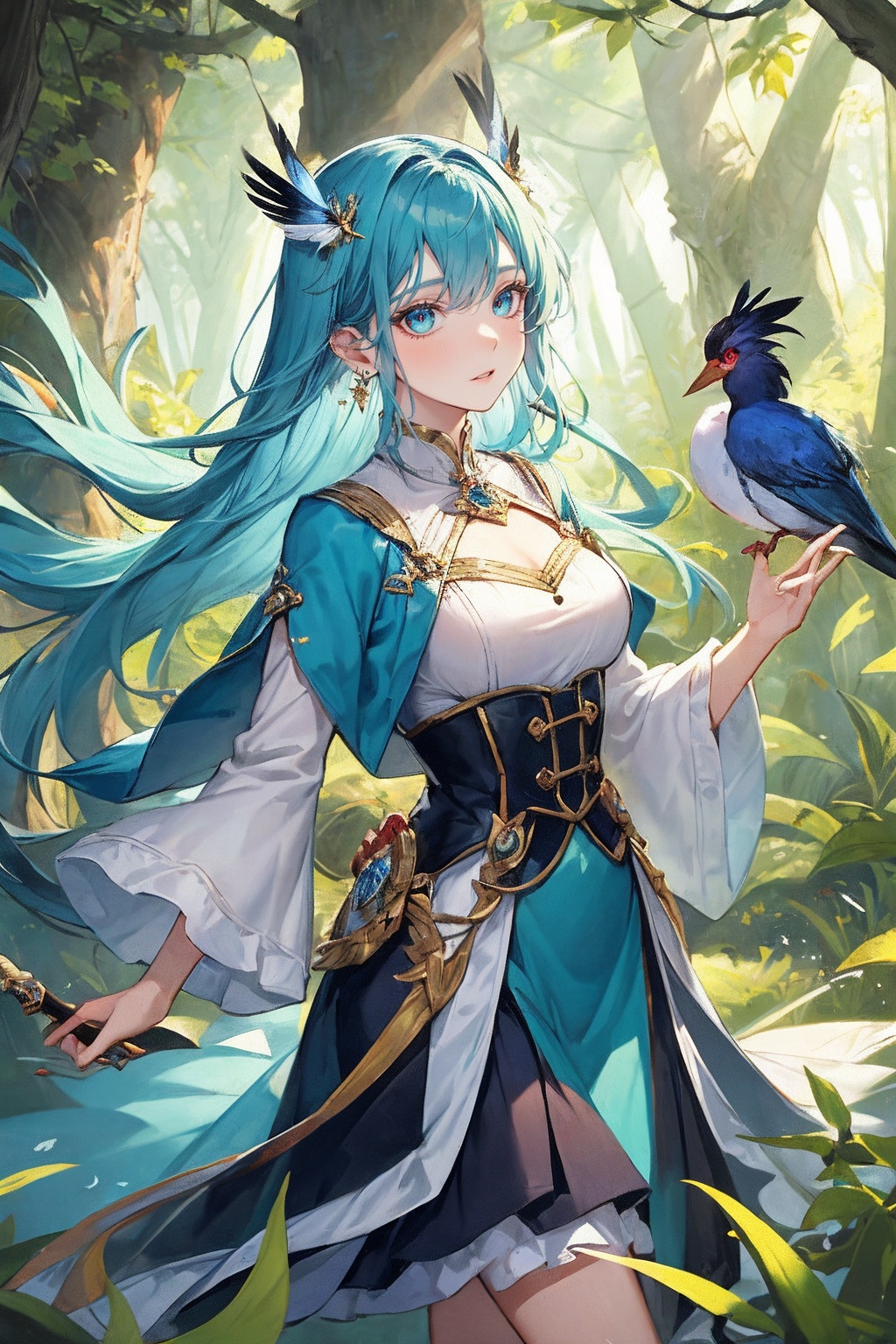 Creating an otherworldly and captivating portrait,  the subject is a forest guardian wearing a blue and black gradient dre...