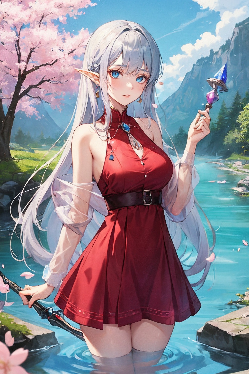 She is an alpine elf wearing a silver-grey and cherry blossom red spotted dress. The skirt is as gentle and elegant as a s...