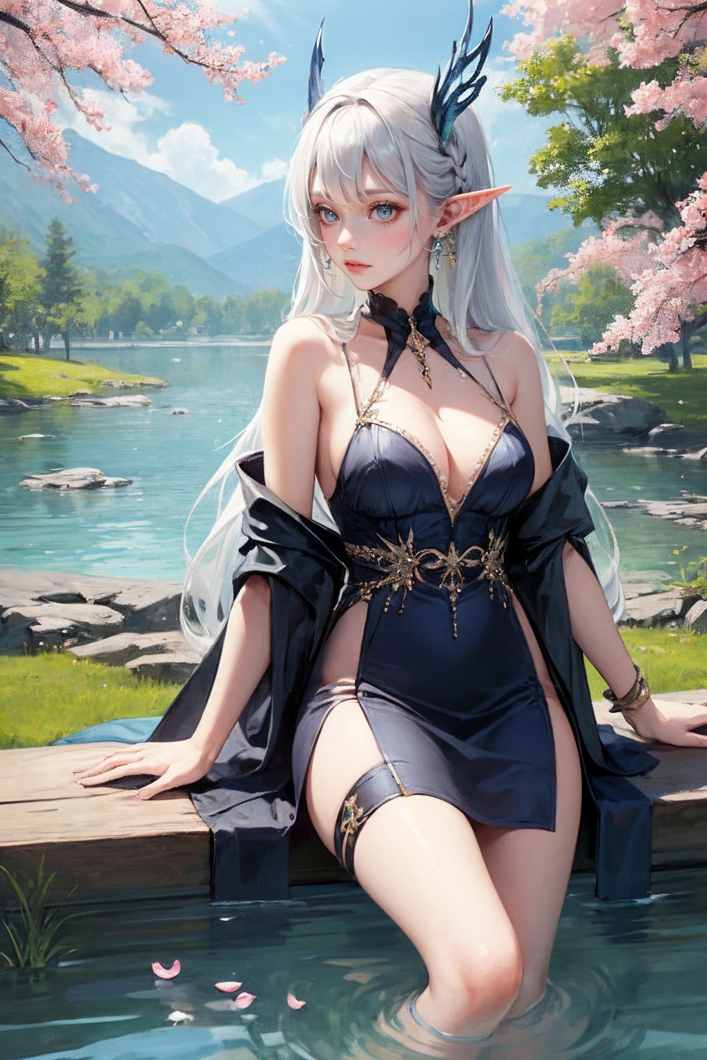 She is an alpine elf wearing a silver-grey and cherry blossom red spotted dress. The skirt is as gentle and elegant as a s...