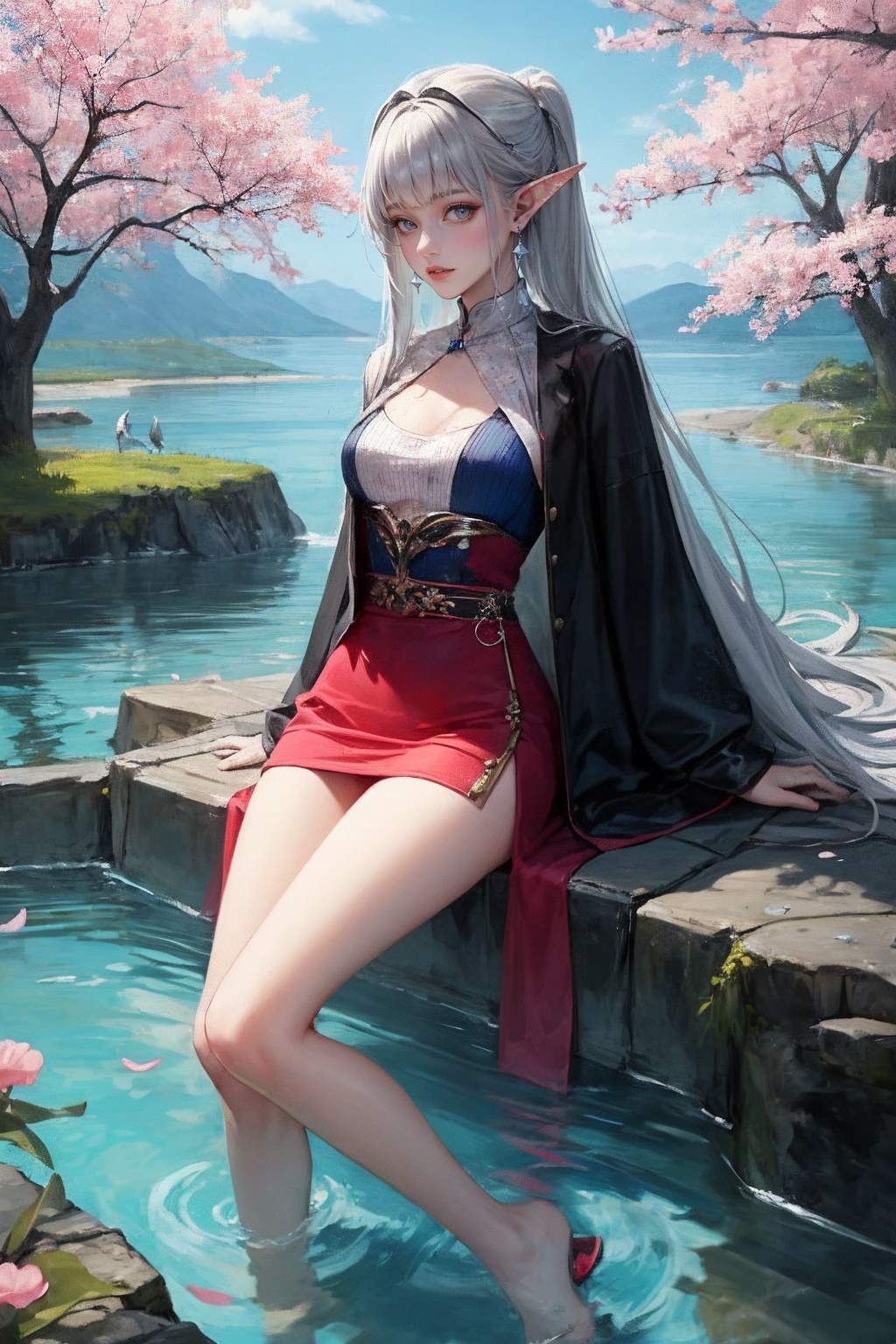 She is an alpine elf wearing a silver-grey and cherry blossom red spotted dress. The skirt is as gentle and elegant as a s...