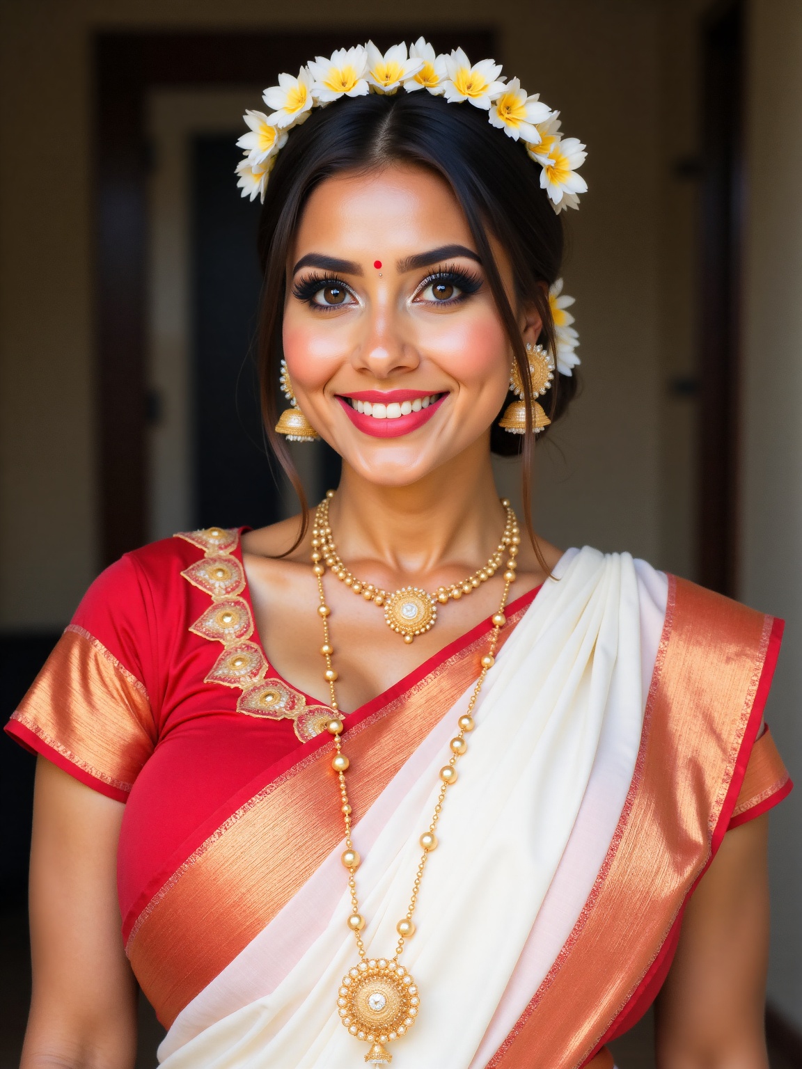 A portrait of a Indian woman. She is dressed in a red and white saree with gold embroidery on the blouse. The saree is dra...