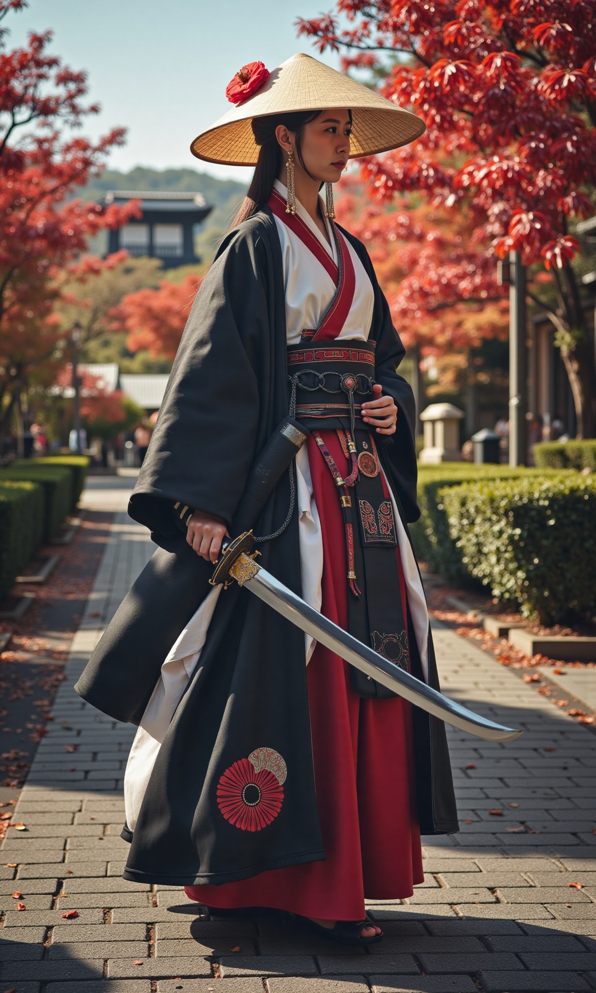 realistic photograph of a majestic warrior stands tall amidst autumn's vibrant hues,  clad in traditional Japanese attire...