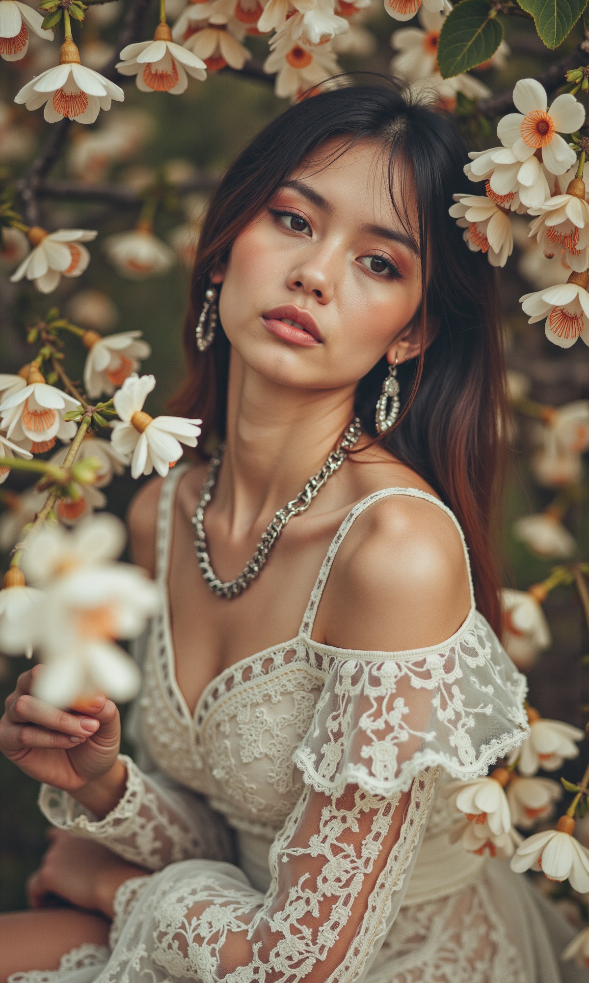 A serene beauty portrait: a soft focus close-up captures the subject's gentle elegance. The outfit is a flowing masterpiec...