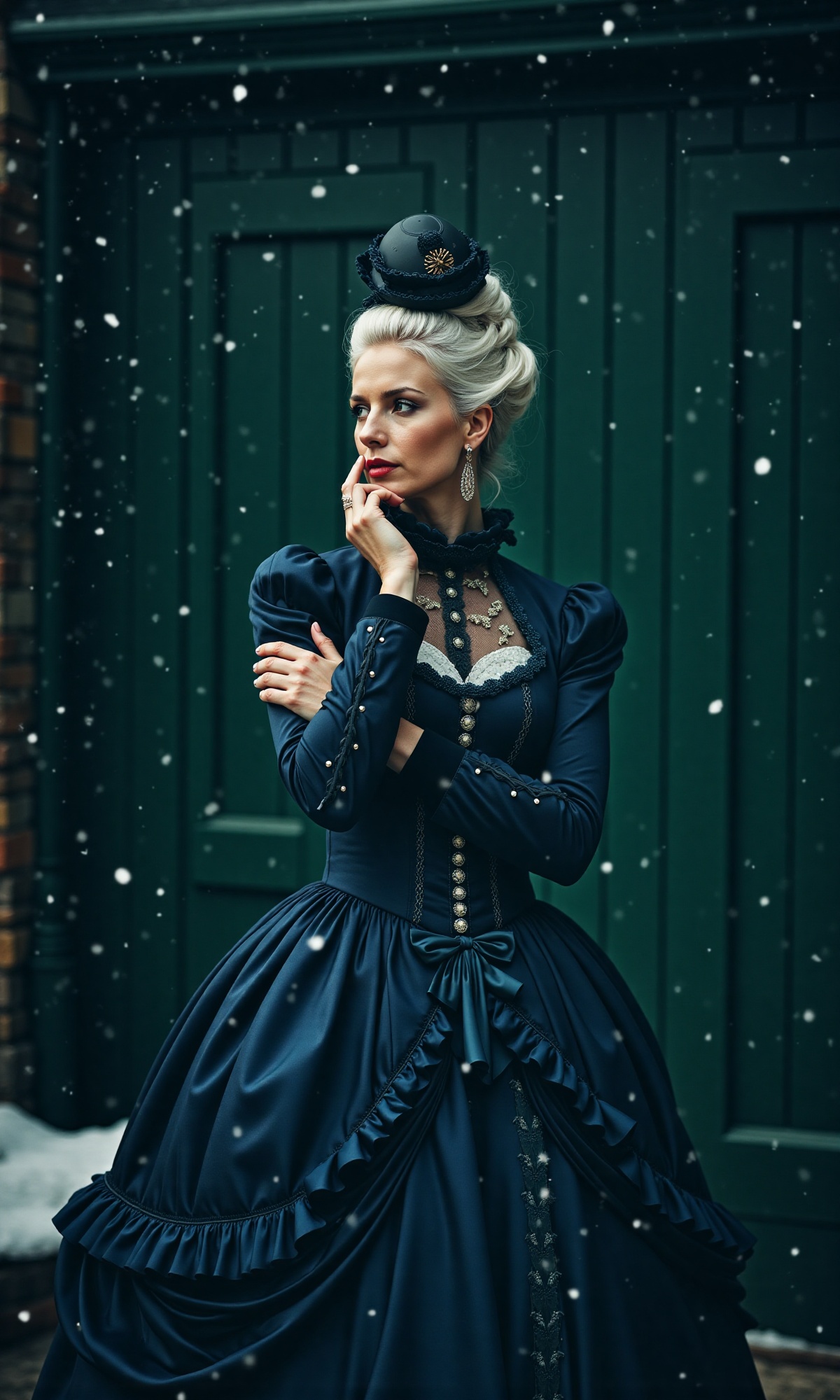 A woman's ethereal portrait is set against a dark green backdrop with swirling white petals,  capturing her pensive essenc...