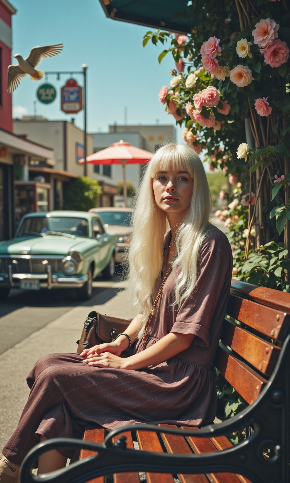 A warm and nostalgic close-up shot of a girl sitting on a bench,  her flowing white hair blending with the fading light. V...