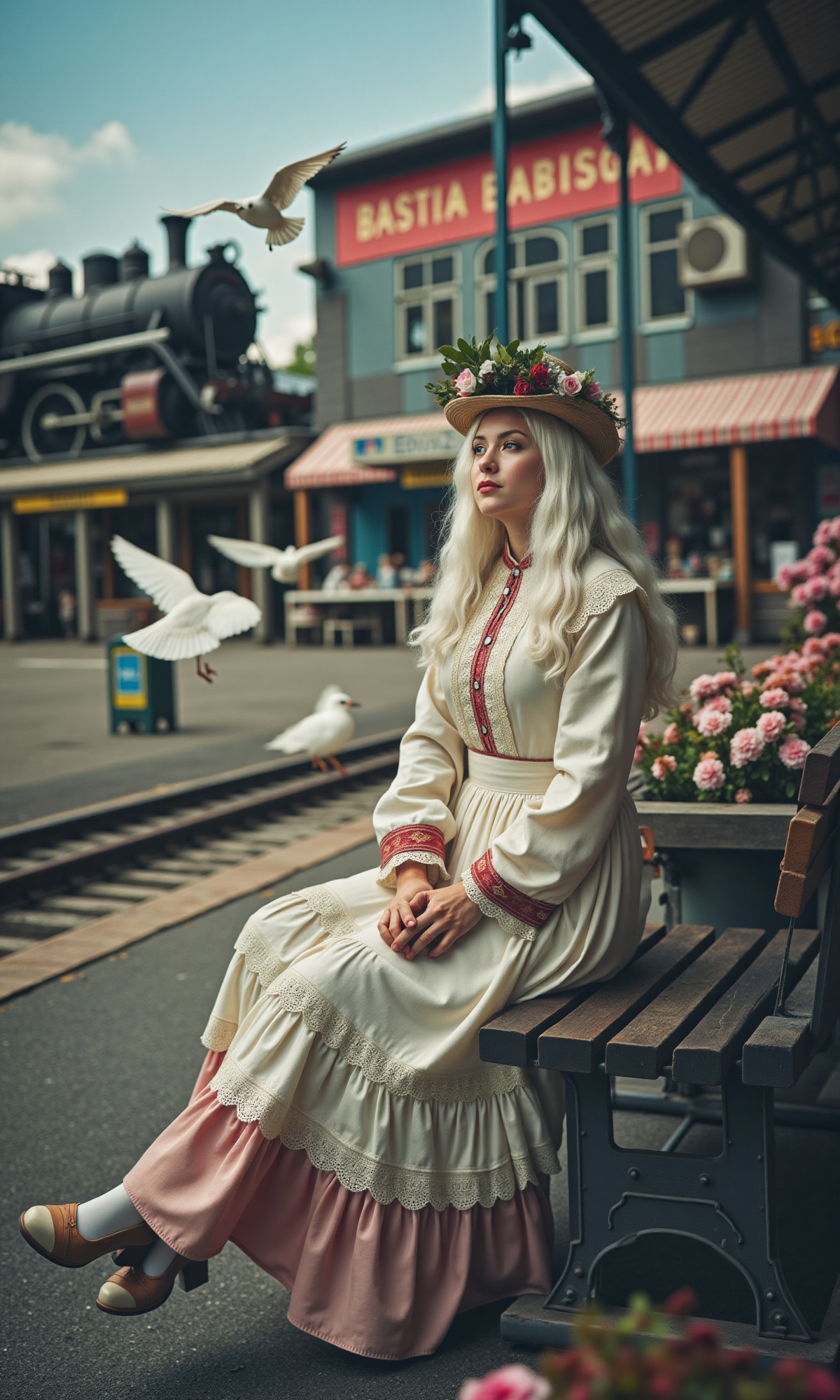 a close-up shot of a girl sitting on a worn bench. Her flowing white hair cascades down her back like a river of silk,  wh...
