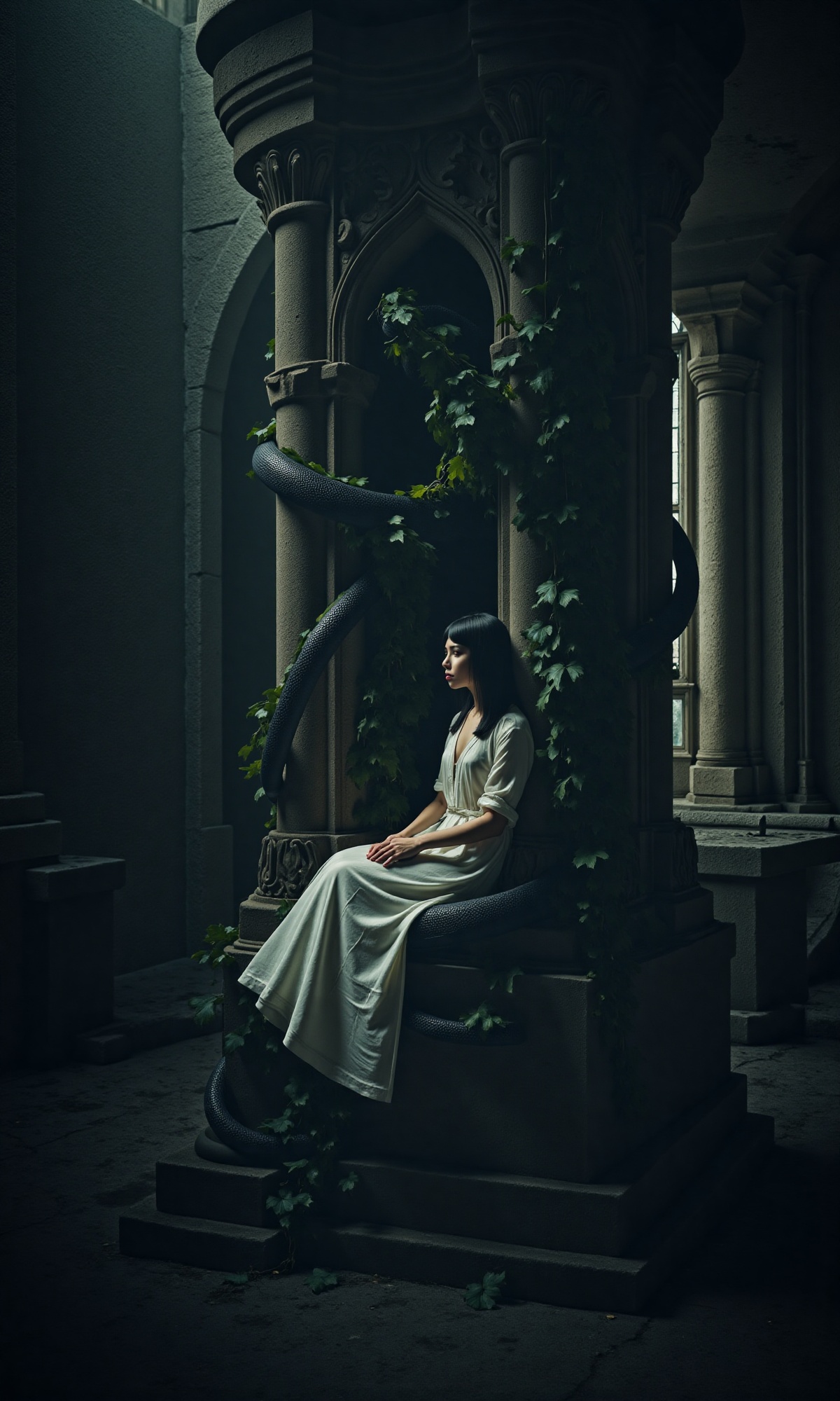 A hauntingly beautiful woman,  with porcelain-like skin and raven tresses,  sits entwined by dark ivy within a decrepit to...