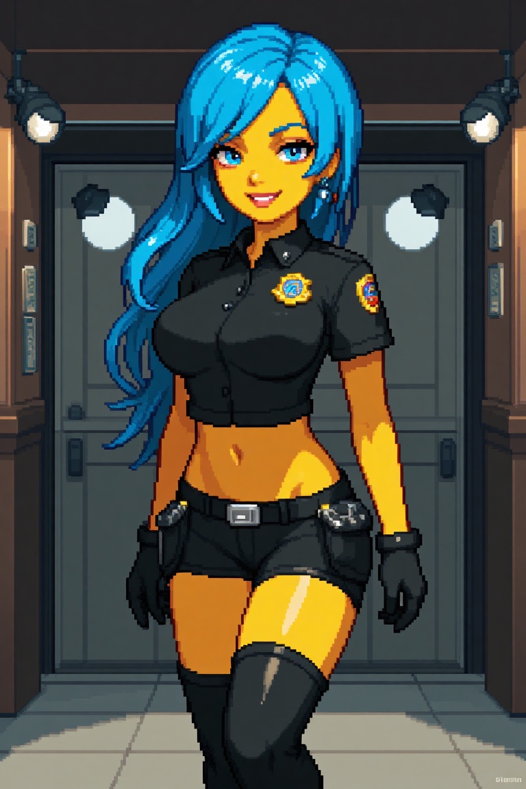 Marge Simpson very beautiful smiling with a super sexy body ((big breasts)) blue hair,  with A female security guard weari...