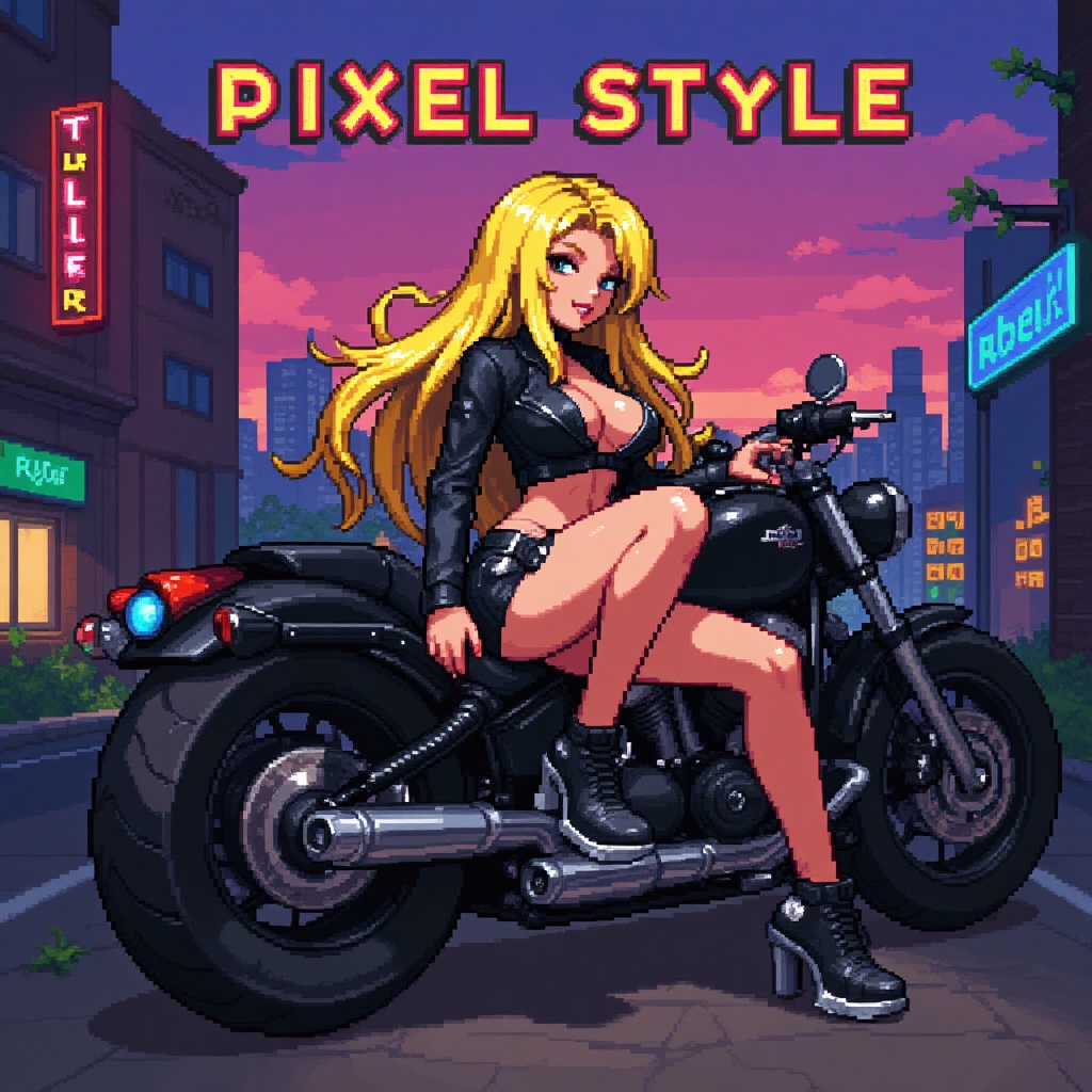 A sultry blonde bombshell,  her fiery locks ablaze under a neon-lit cityscape at dusk. She reclines on a sleek,  retro-fut...