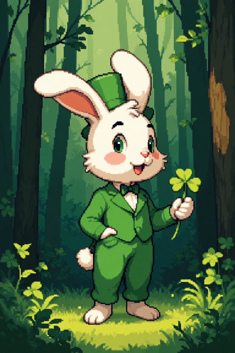 monoprone,  3d cartoon of a cute white rabbit standing in a dense forest,  wearing a green tuxedo and top hat on Tensor.Art