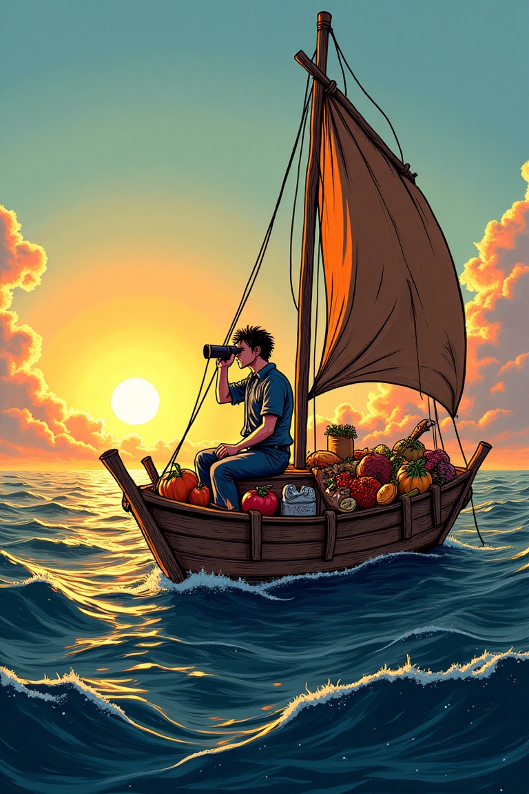 ABM-comic-art,  A man sits on a makeshift wooden raft with lot of food on it,  sailing across a vast ocean. he looked thro...