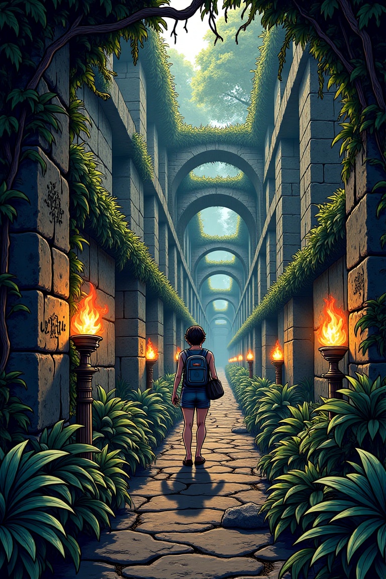 ABM-comic-art,  colour manga comic style of a jungle explorer in cinematic labyrinth with a maze path,  finding a way out...