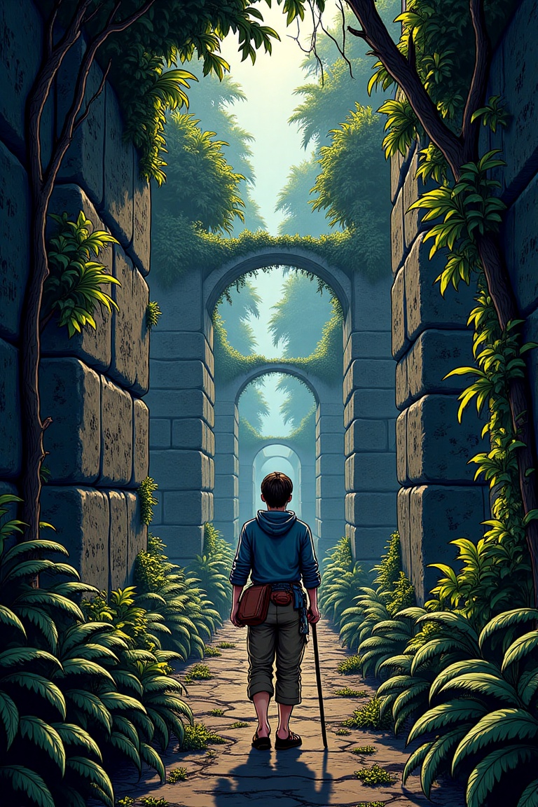 ABM-comic-art,  colour manga comic style of a cinematic illustration of a lone adventurer,  a jungle explorer on Tensor.Art