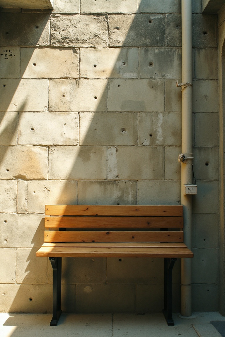 A FujiFilm XT4 captures a simple yet evocative scene of a wooden bench mounted on a weathered brick wall. The composition...