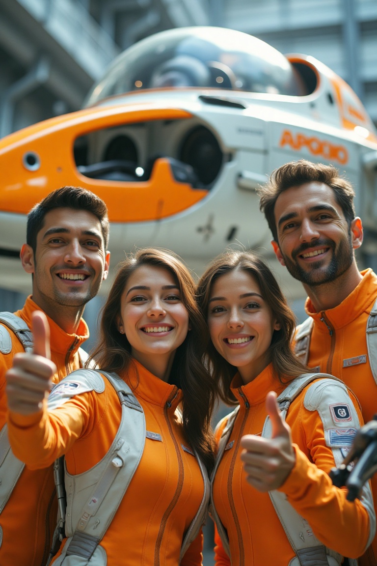 A vibrant image captured with a FujiFilm XT4,  featuring a group of male and female aircrew in tight-fitting orange and wh...