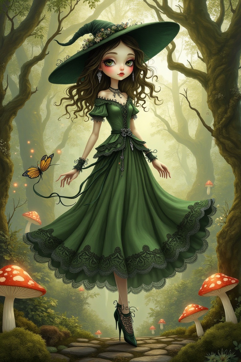 A whimsical pixie goth inspired by John Bauer’s illustrative style,  walking gracefully through a mystical forest. She wea...