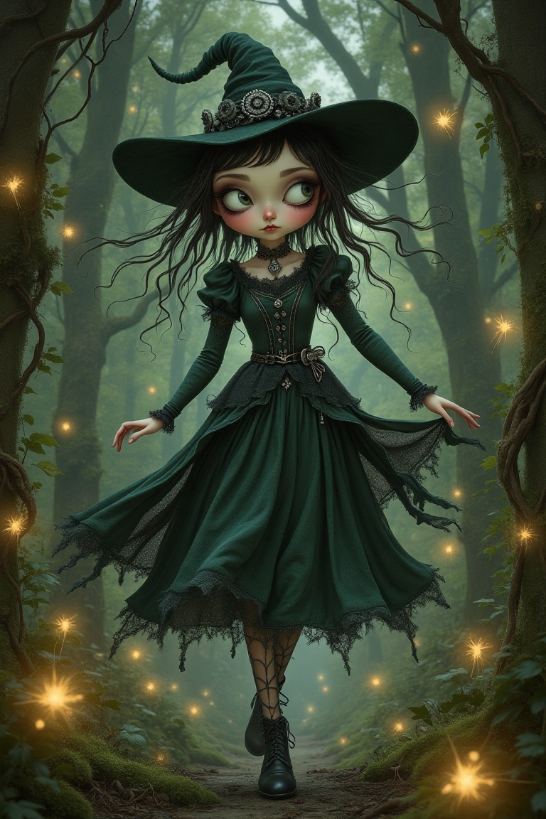 A whimsical pixie goth inspired by John Bauer’s illustrative style,  playfully navigating a mystical maze in a dark,  ench...