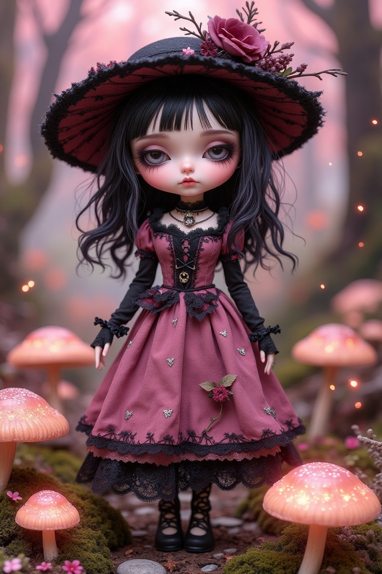 A whimsical pixie goth inspired by John Bauer’s art style,  standing in a dreamy,  soft pink-hued forest. She wears flowin...